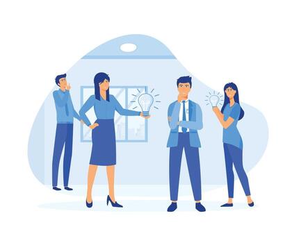 brainstorm idea discussion business team finding solution thinking sharing offers light bulbs flat modern illustration vector